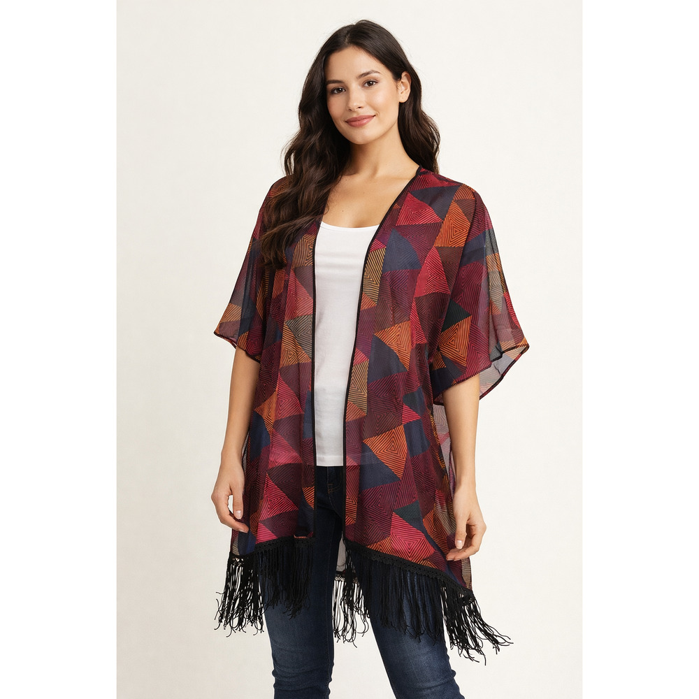 LuLaRoe Small Sheer Geometric Fringe Kimono Cardigan Open Front Boho Festival